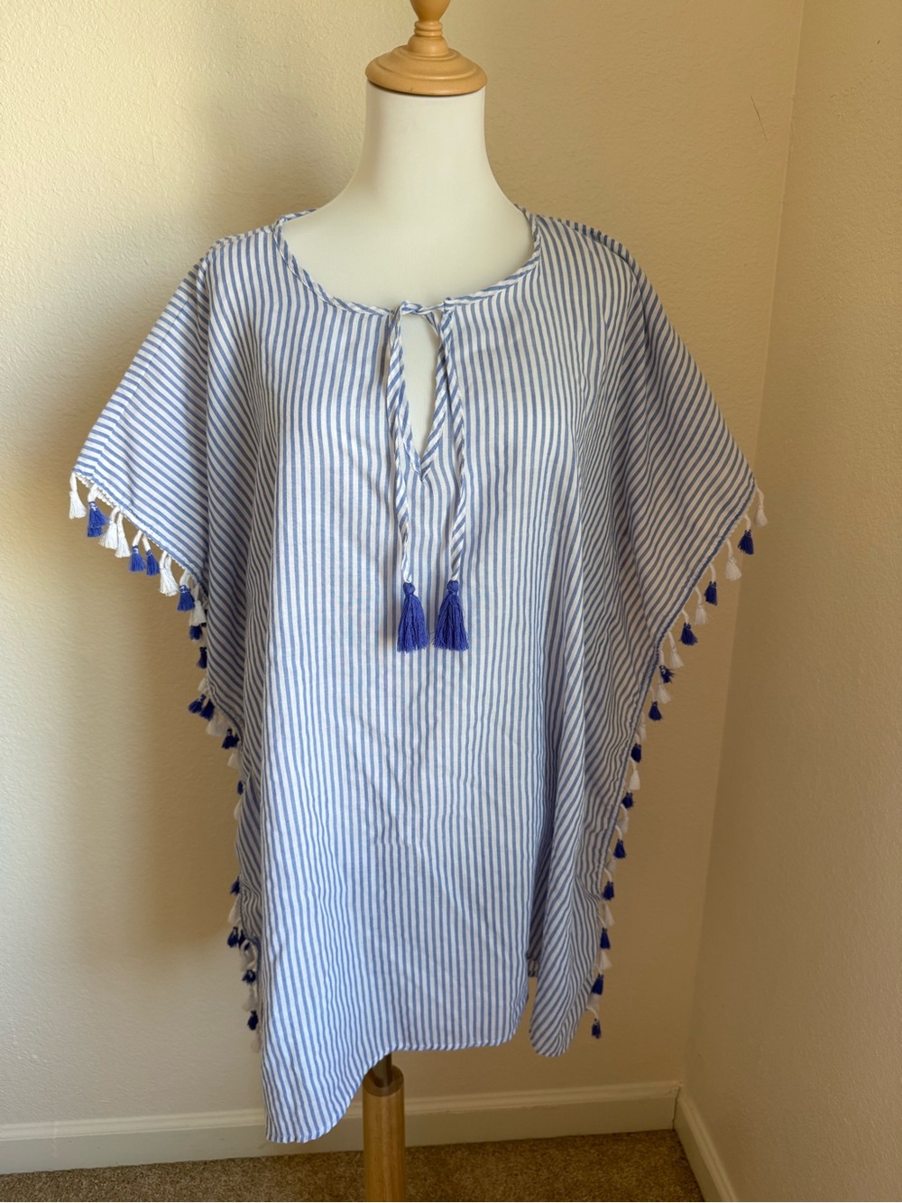 Time and Tru Blue and White Striped Tassel Swim Coverup